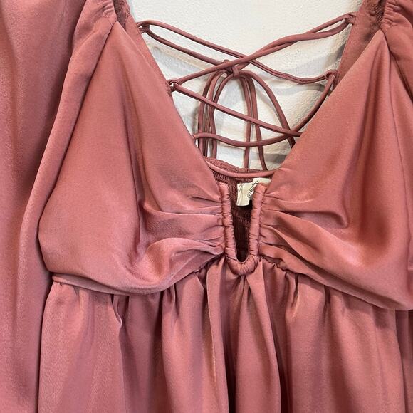 The Post Satin Long Sleeve Mini Dress Lace-Up Back Coquette Pink Party L - Picture 10 of 11